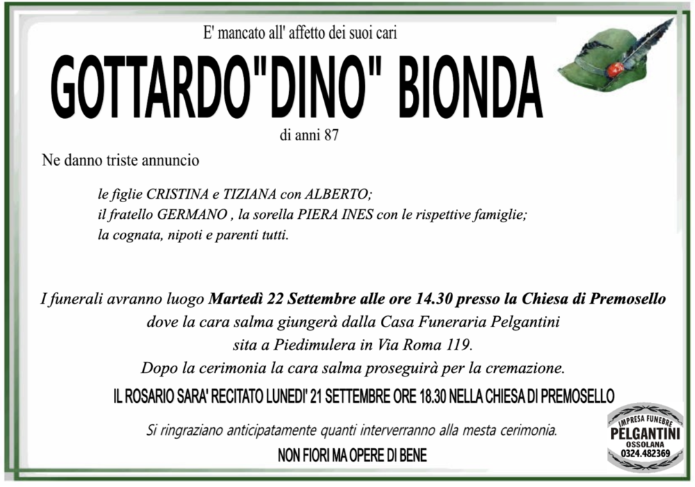 Gottardo 'Dino' Bionda di anni 87