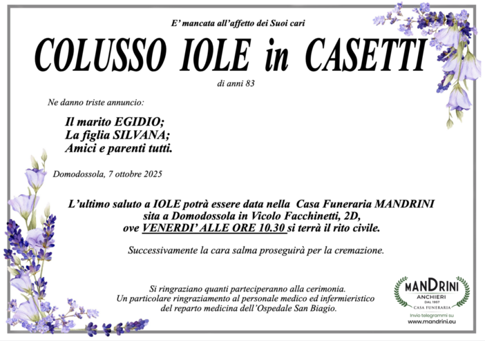 Colusso Iole in Casetti di anni di anni 83