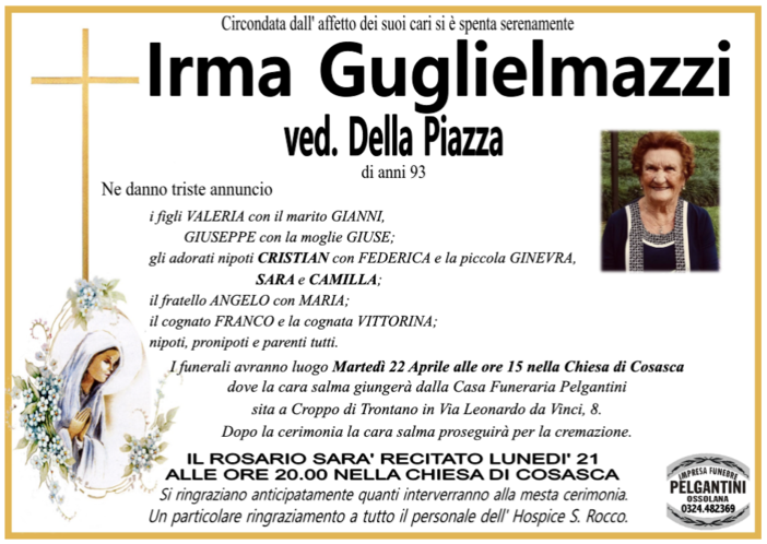 Irma Guglielmazzi ved. Della Piazza 93 anni