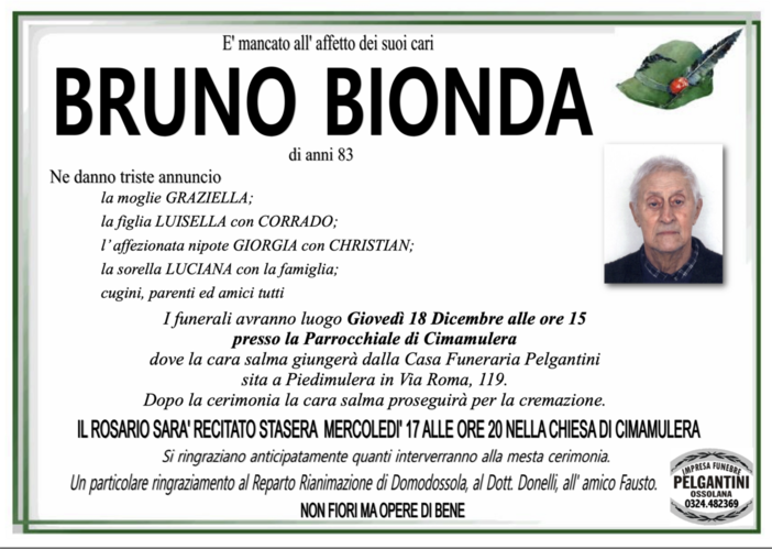 Bruno Bionda di anni 83
