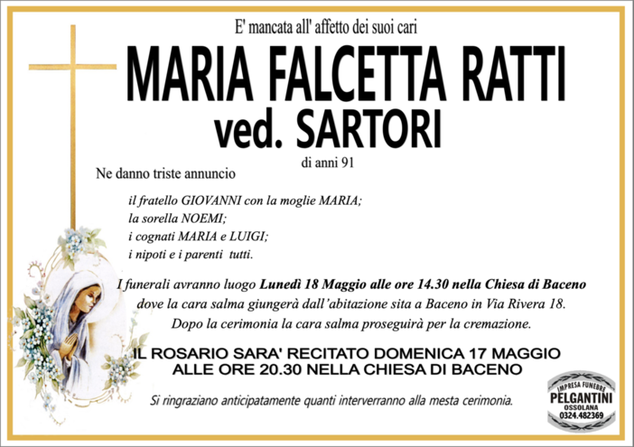 Maria Falcetta Ratti ved. Sartori di anni 91