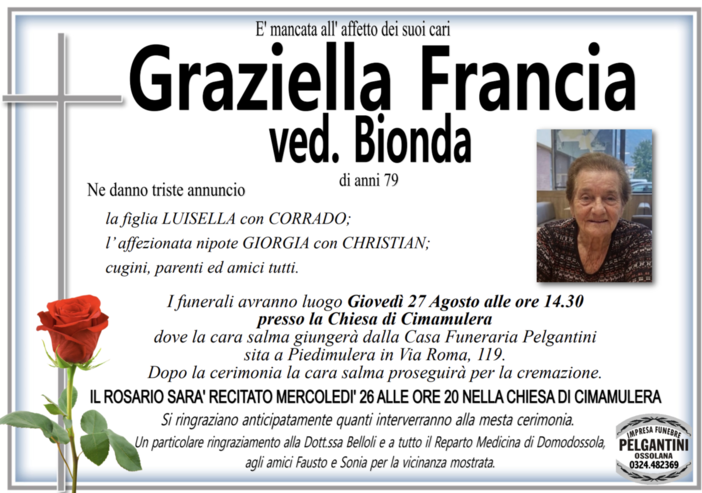 Graziella Francia ved. Bionda di anni 79