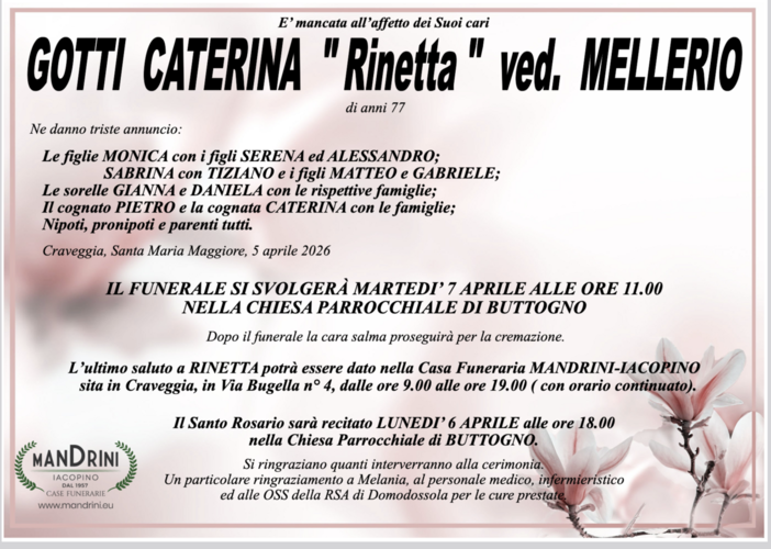 Gotti Caterina "Rinetta" ved. Mellerio di anni 77