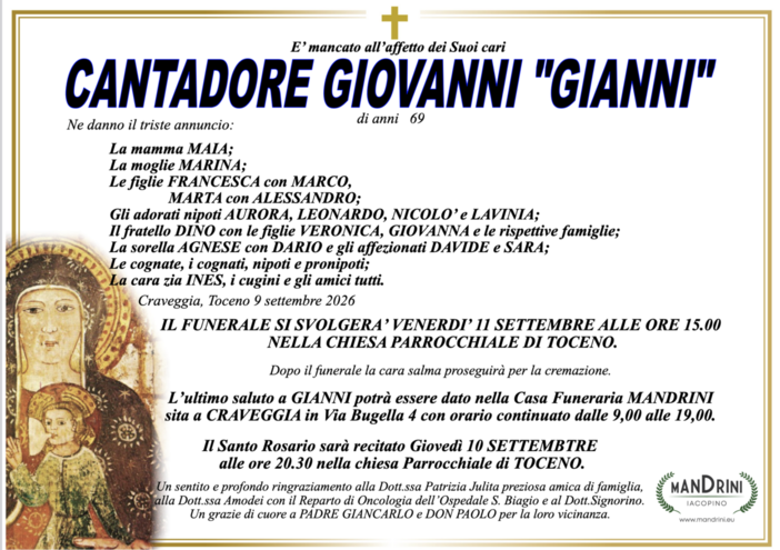 Cantadore Giovanni "Gianni" di anni 69