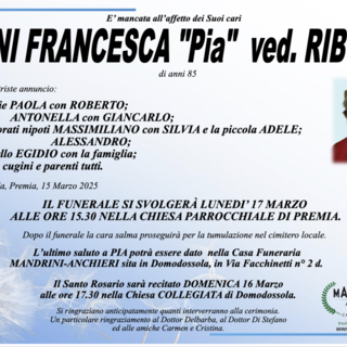 Lani Francesca &quot;Pia&quot; ved. Riboni di anni 85