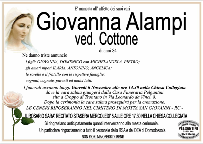 Giovanna Alampi ved. Cottone di anni 84