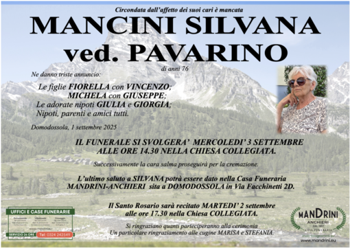 Mancini Silvana ved. Pavarino di anni 76