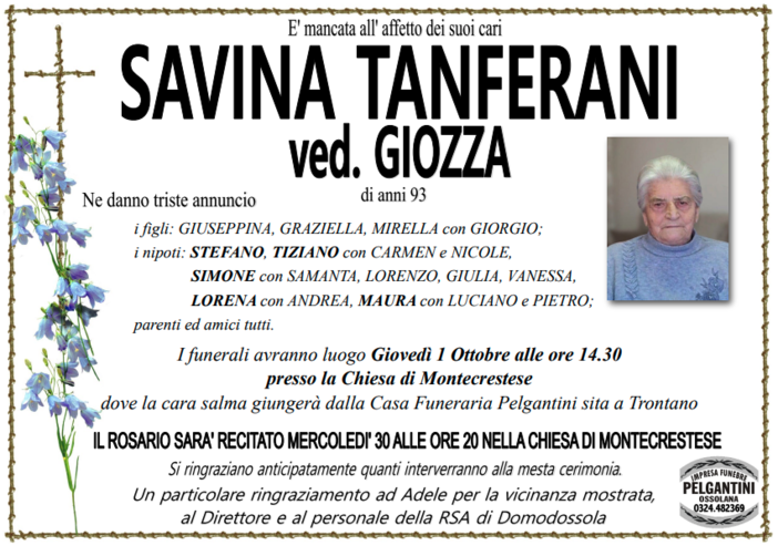 Savina Tanferani ved. Giozza di anni 93
