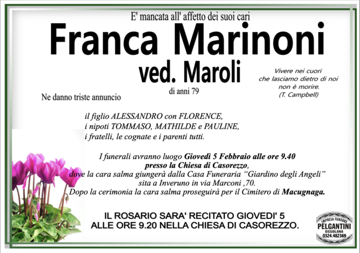 Franca Marinoni ved. Maroli di anni 79