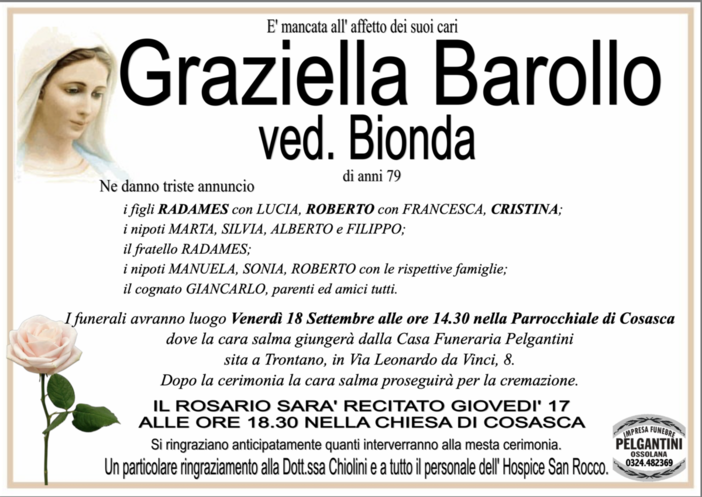 Graziella Barollo ved. Bionda di anni 79