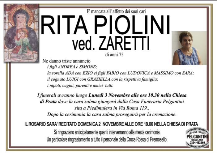 Rita Piolini ved. Zaretti di anni 75