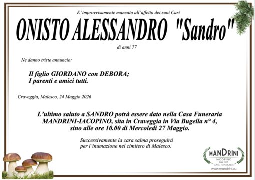 Onisto Alessandro "Sandro" di anni 77 Onisto Alessandro "Sandro" di anni 77