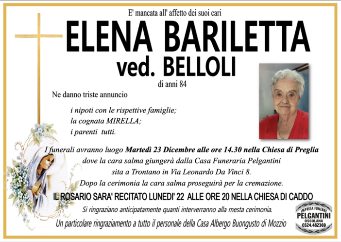 Elena Bariletta ved. Belloli di anni 84