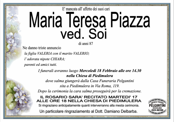 Maria Teresa Piazza ved. Soi di anni 87