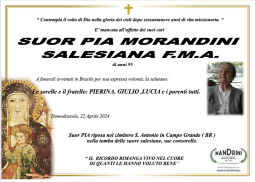 Suor Pia Morandini Salesiana F.M.A. di anni 95