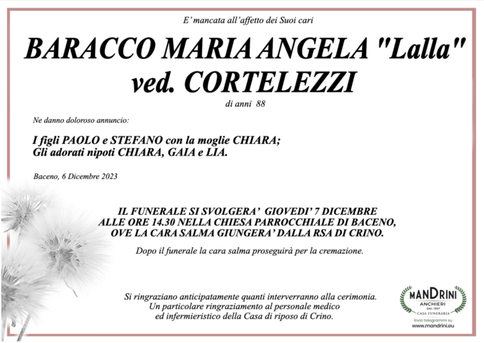 Baracco Maria Angela "Lalla" ved. Cortellezzi di anni 88