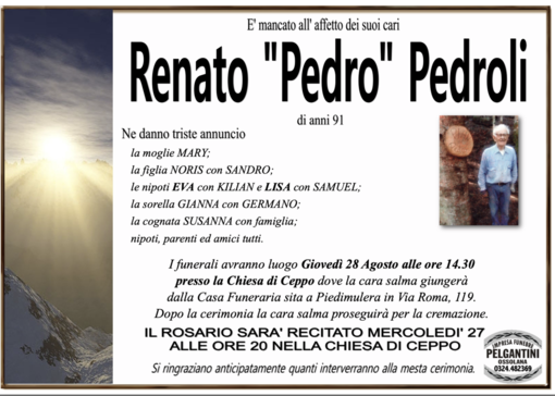Renato &quot;Pedro &quot; Pedroli di anni 91