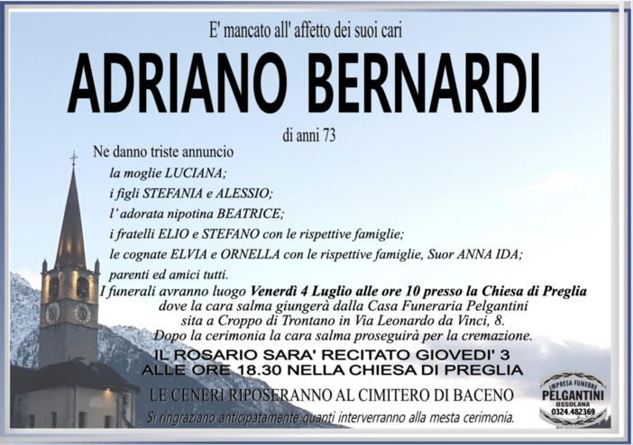 Adriano Bernardi di anni 73
